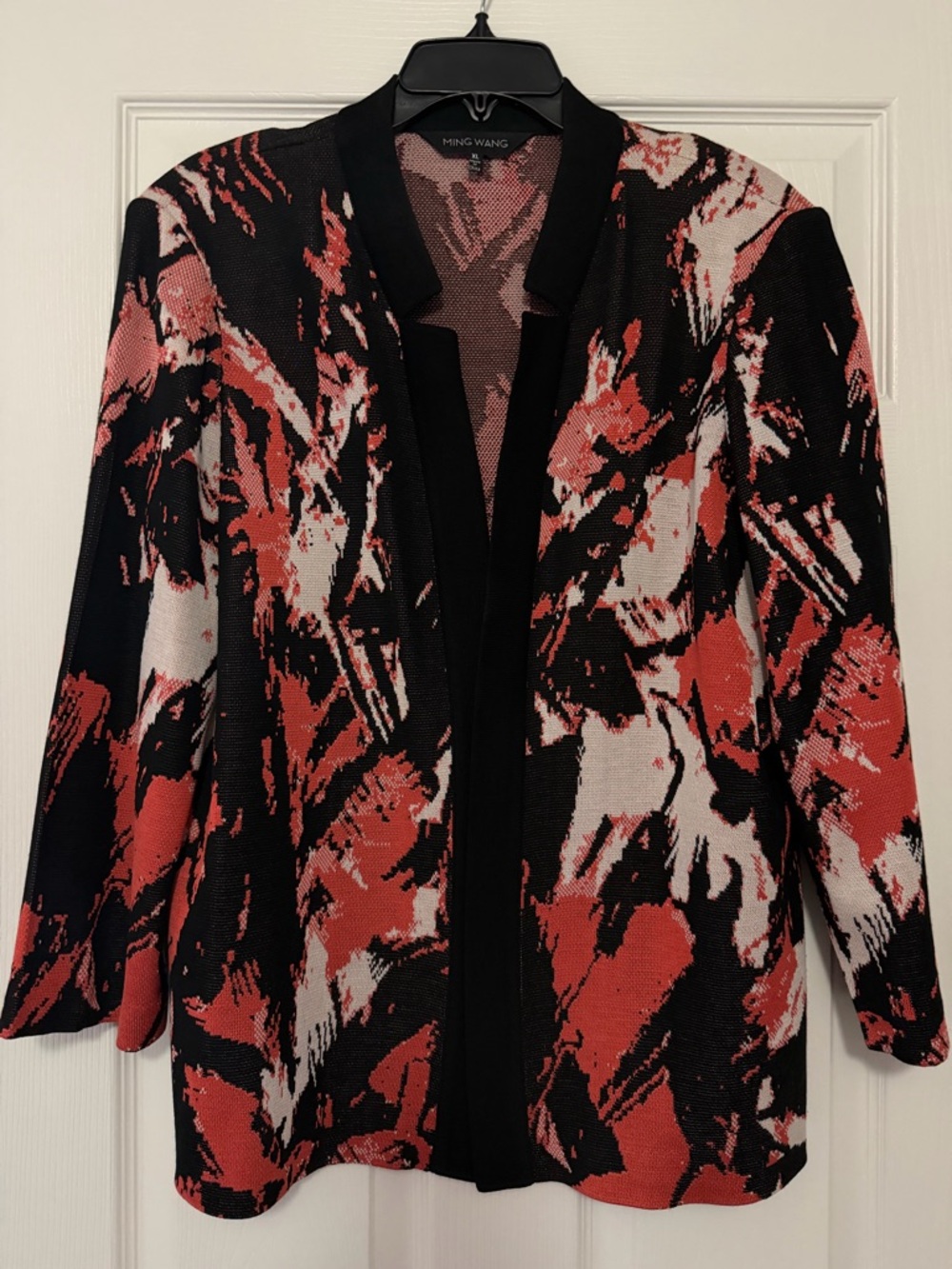 Ming Wang Black, Red & White Abstract Open-Front Cardigan